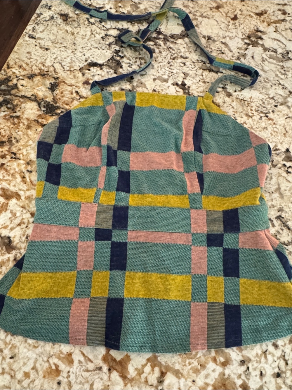 Eva Franco Anthropologie plaid Halter Top with Green, Pink & Yellow Stripes